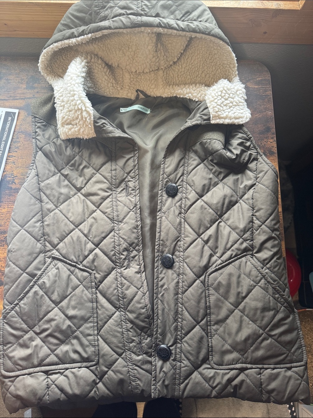Maurices Quilted Hooded Vest in Olive with Sherpa Trim